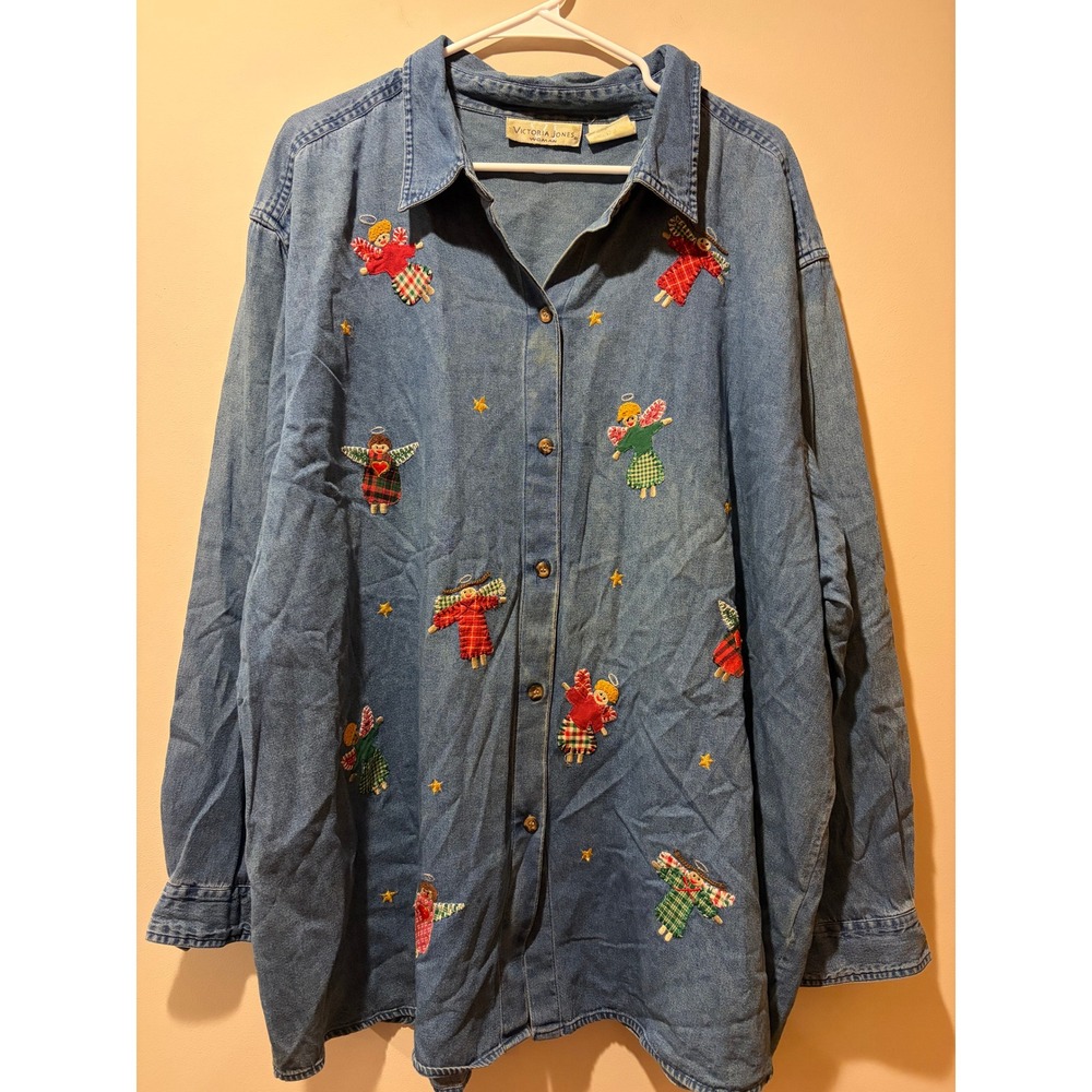 Victoria Jones Denim Plus Size 28W Embroidered Angels Cottage Long Sleeve Shirt